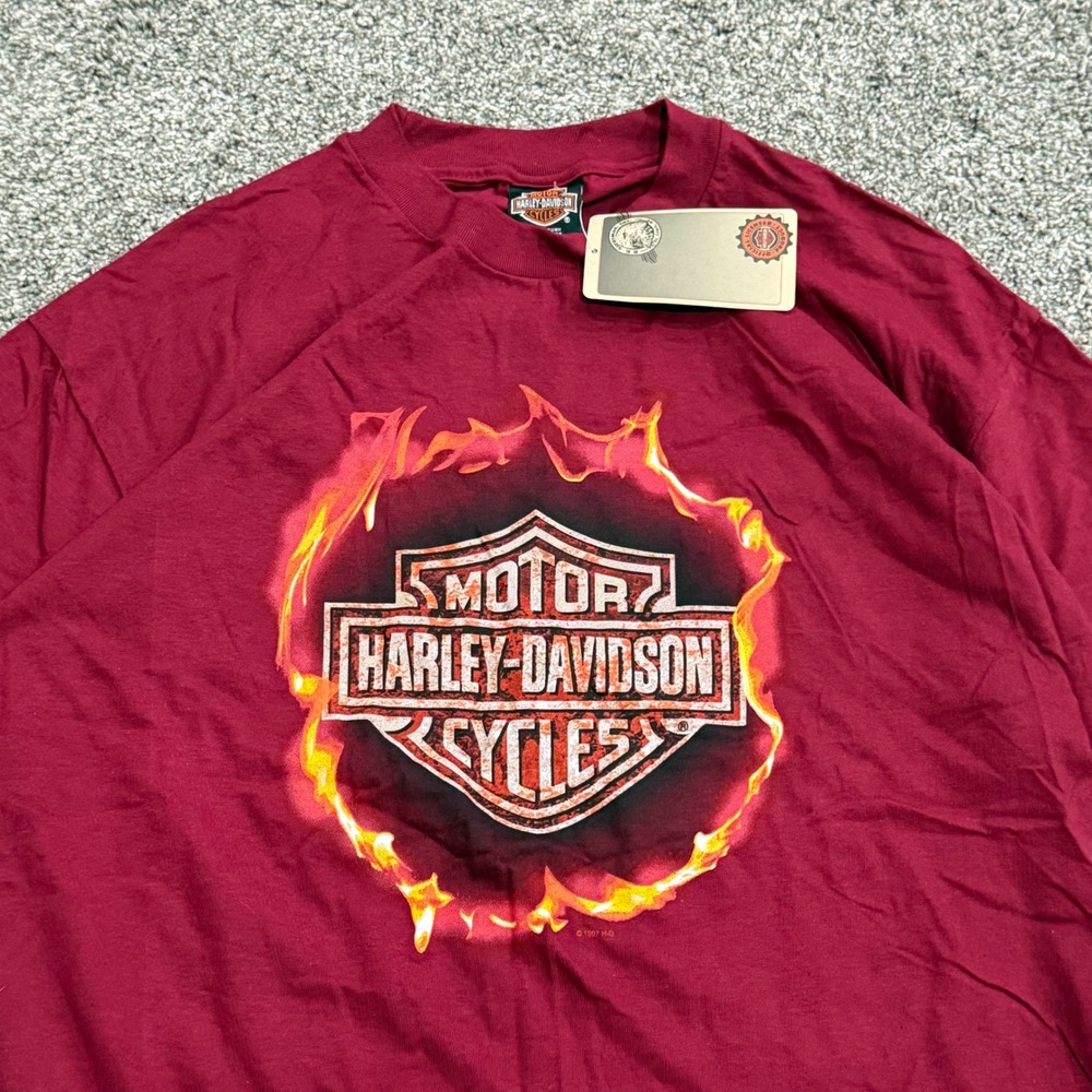 Vintage 1997 Harley Davidson Flames‎ T-Shirt Mens XL Maroon Workman IL NWT USA